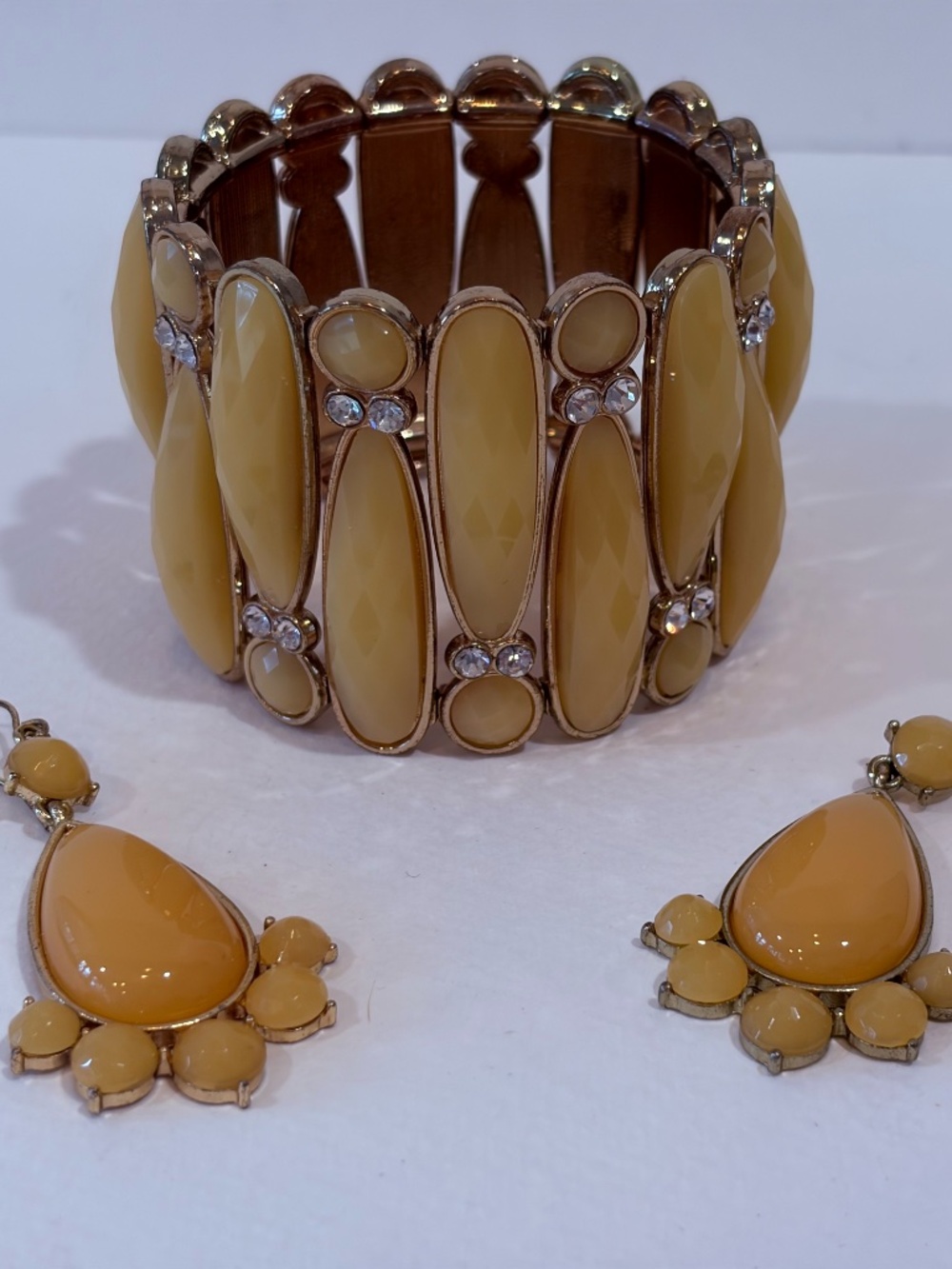 Vintage Style Yellow Cabochon Bracelet & Drop Earrings Statement Jewelry Set